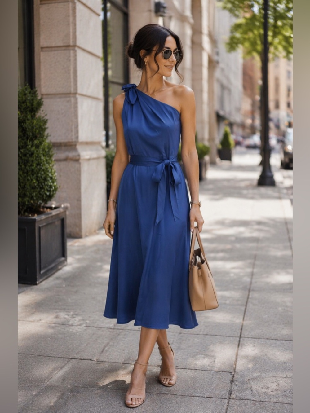 ANNE KLEIN Women’s Blue Jay One Shoulder Tie Satin Midi Dress 4 NEW